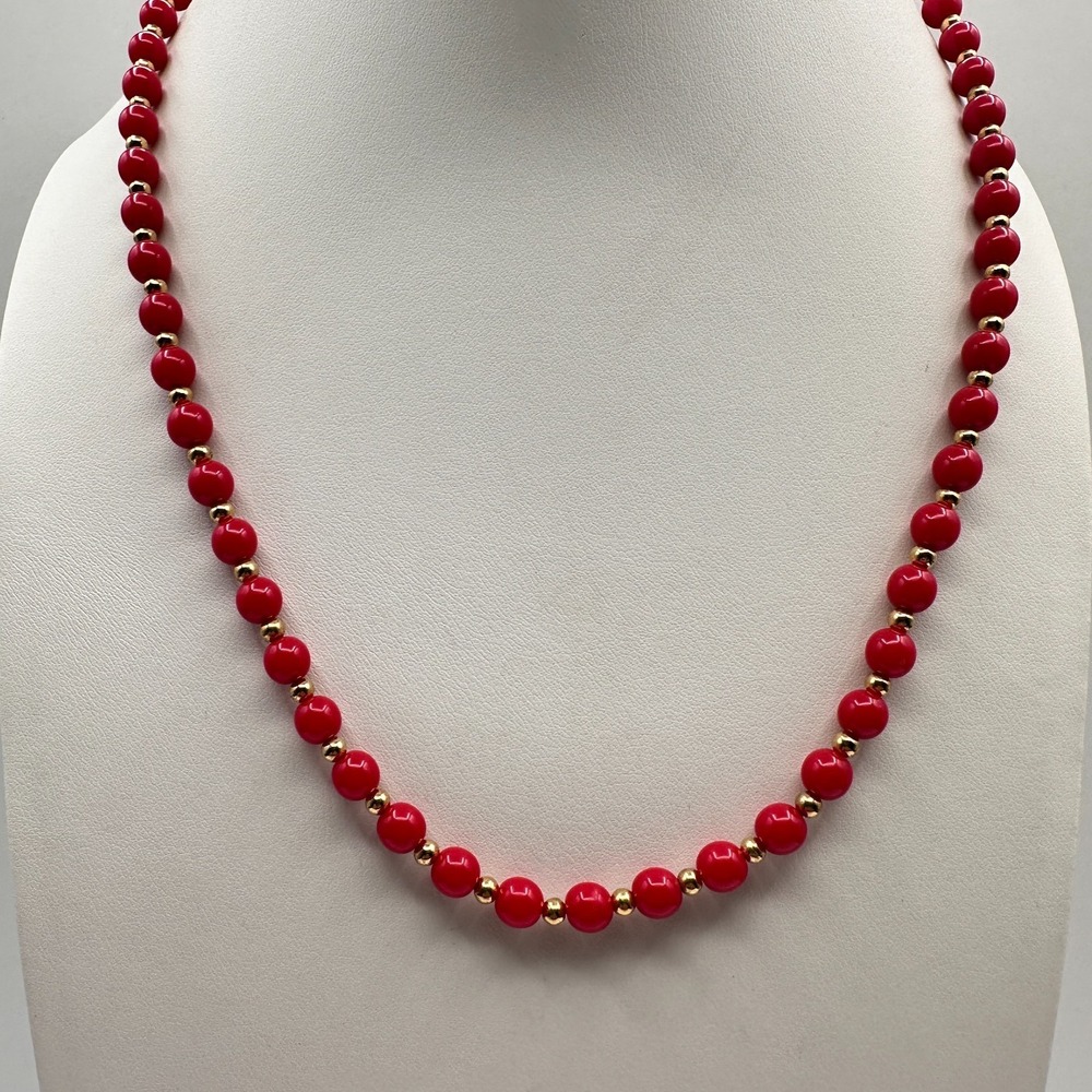 Vintage 80s Red Coral Bead Necklace Gold Tone Spacers Classic Fashion Jewelry